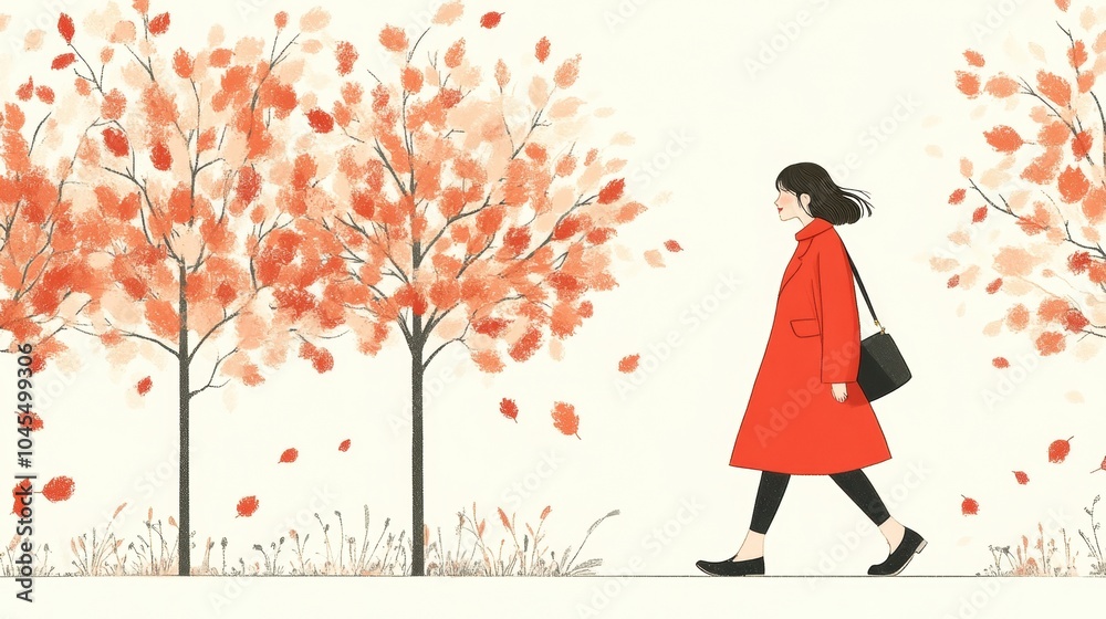 Woman in red coat walking through autumn trees with falling leaves. Woman in red coat walking through autumn trees with falling leaves.