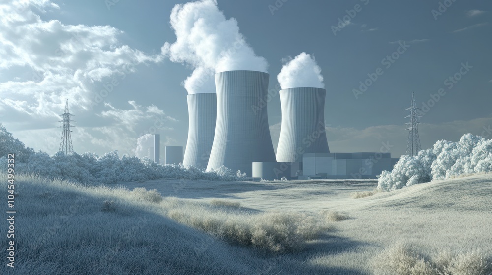 Obraz premium Nuclear power station with cooling towers in the background, symbolizing efficient electricity generation.