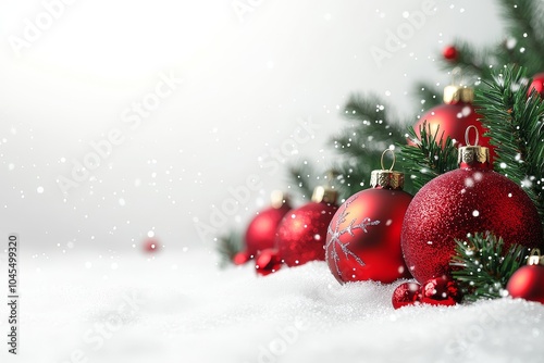 Christmas background featuring red ornaments and white snow on a crisp white backdrop, high-resolution and hyper-realistic.