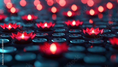 A serene scene featuring glowing red lotus flowers on reflective black surfaces, exuding tranquility and beauty. photo