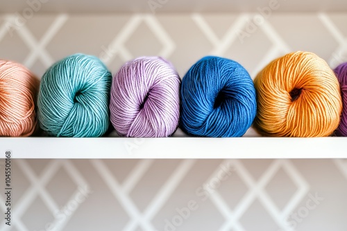 Close-Up of Yarn Rolls and Knitting Accessories on a Shelf photo