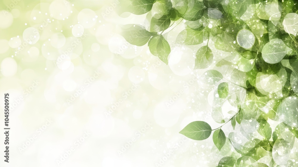 Fototapeta premium A gentle, soft-focus image featuring lush green leaves and a sparkling bokeh effect, evoking a serene, natural atmosphere.