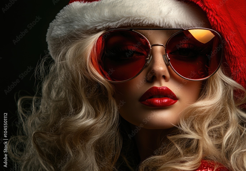 Beautiful blonde woman wearing red sunglasses and a Santa hat, posing against a dark background with a Christmas vibe Beautiful blonde woman wearing red sunglasses and a Santa hat, posing against a dark background with a Christmas vibe