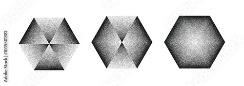 A set of hexagonal shapes featuring halftone gradients and dotted patterns, isolated on a white background. Vector illustration.