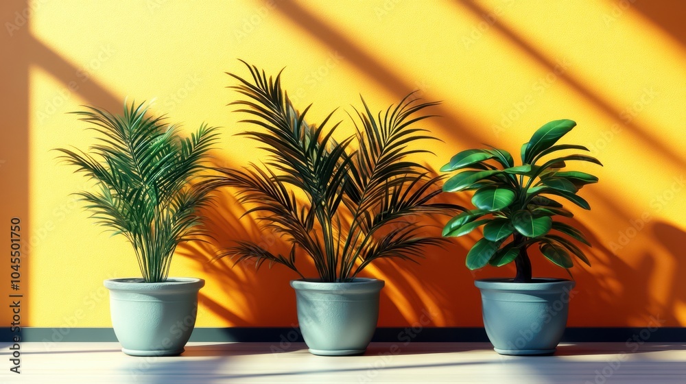 Three diverse potted plants against a vibrant yellow wall.