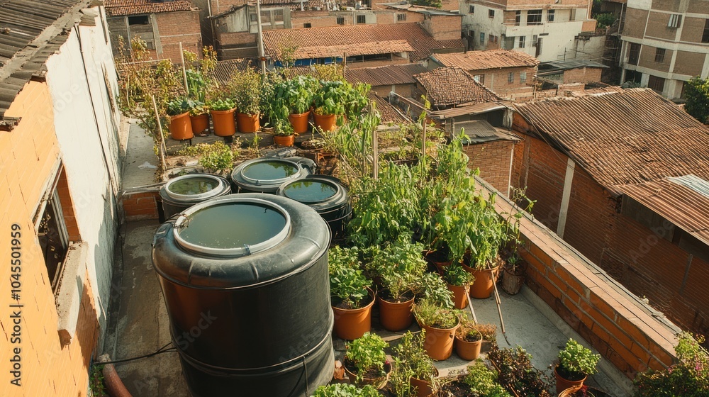 Obraz premium Rainwater harvesting systems installed on rooftops, collecting water for reuse and conservation.