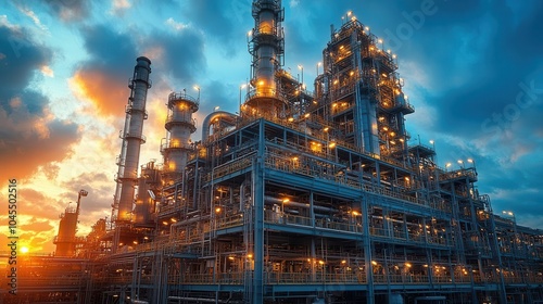 engineers in hard hats collaborate and discuss strategies in front of an oil refinery surrounded by towering structures and machinery embodying teamwork in the energy sector