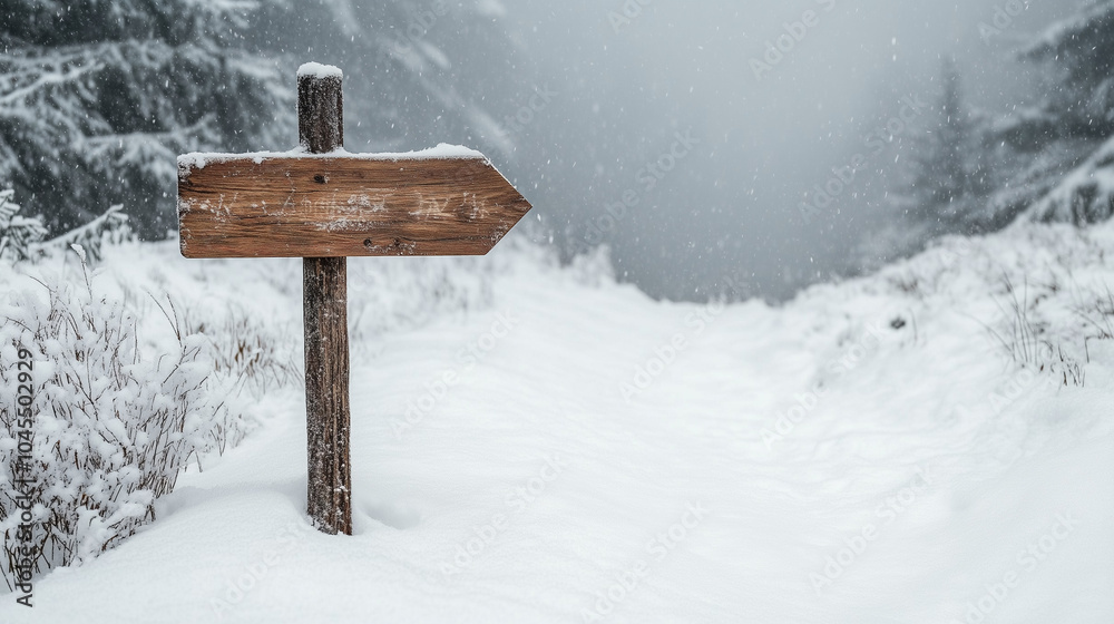 Fototapeta premium Frosty Winter Trail Marked by Wooden Sign in Snow banner/web/wallpaper/mockup/template -