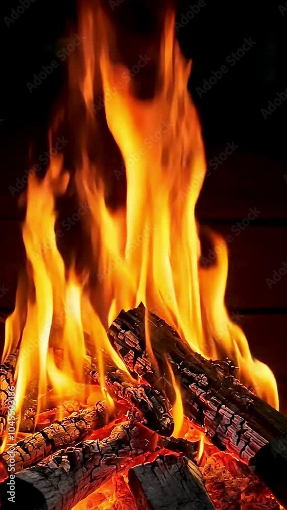 Captivating flames flicker atop a stack of firewood inside a cozy setting. Captivating flames flicker atop a stack of firewood inside a cozy setting.