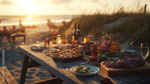 Enjoy a beachside feast at sunset with delicious food and drinks, perfect for gatherings and celebrations with friends and family.