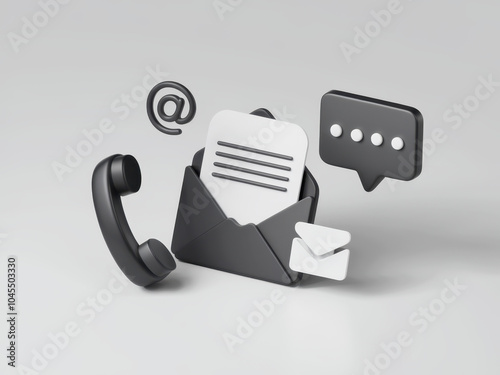 A modern communication concept featuring a telephone, envelope, and message icons on a minimalist background.