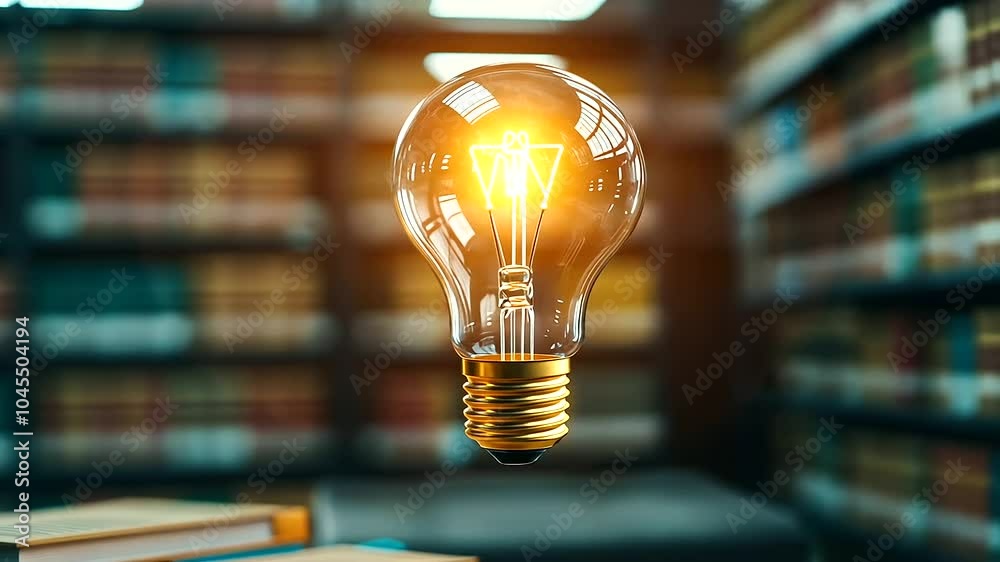 Library Bulb In the middle of a dim library, a glowing light bulb floats above a ...