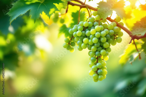 A close-up of a bunch's of green grapes ripening on a grape vine in a vineyard.