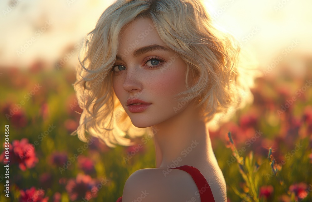 a beautiful blonde woman with short wavy hair and blue eyes, wearing a red dress in a flower field a beautiful blonde woman with short wavy hair and blue eyes, wearing a red dress in a flower field