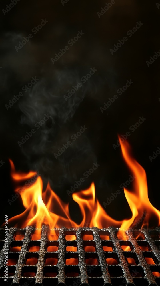 Empty BBQ grill with strong flame and isolated black background for a food concept shot, barbecue grill for steak Empty BBQ grill with strong flame and isolated black background for a food concept shot, barbecue grill for steak