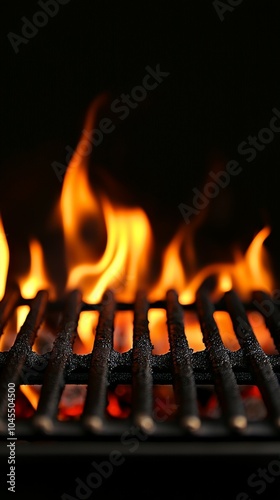 Empty BBQ grill with strong flame and isolated black background for a food concept shot,  barbecue grill for steak