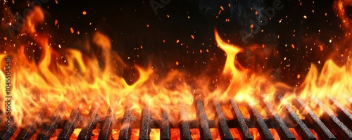 Barbecue grill  with intense flames with a black background, empty BBQ grill close up isolated for steakhouse shot
