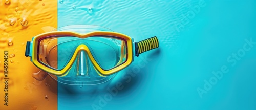 Scuba diving mask and snorkel with seashells and starfish on a vibrant blue background. Summer vacation and underwater exploration. Top down aerial view of scuba equipment and ocean element. AIG55. photo