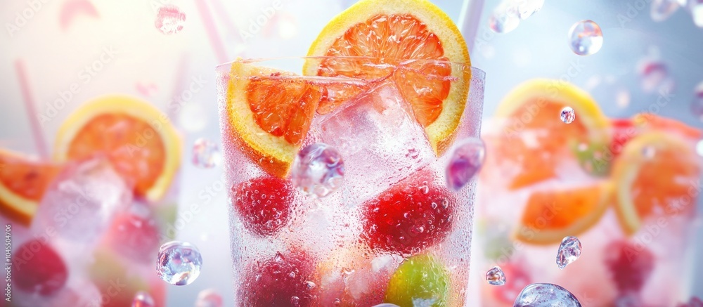 Close up of a refreshing citrus and berry beverage with ice and water drops. Close up of a refreshing citrus and berry beverage with ice and water drops.