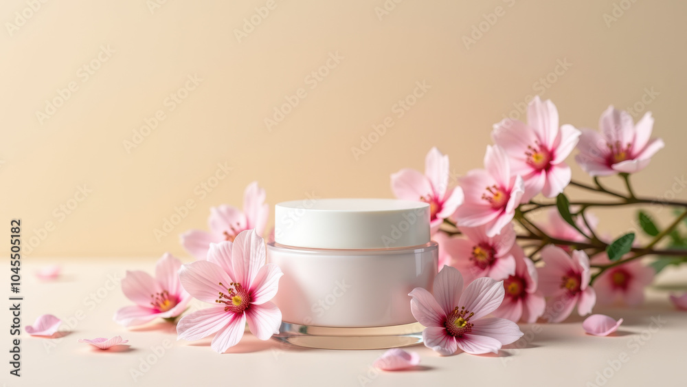 Skincare cream jar surrounded by delicate pink flowers, symbolizing natural beauty, hydration, and organic skincare. Skincare cream jar surrounded by delicate pink flowers, symbolizing natural beauty, hydration, and organic skincare.
