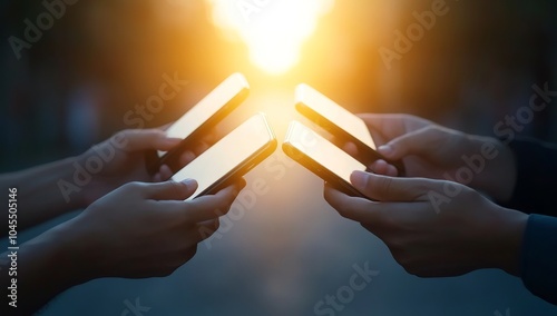 Group of People Sharing Information with Phones, Symbolizing Social Media Marketing photo