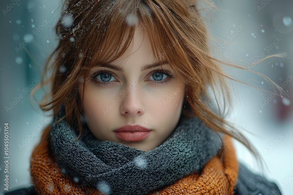 Portrait of a Woman with Windblown Hair and Snow Falling Around Her Portrait of a Woman with Windblown Hair and Snow Falling Around Her