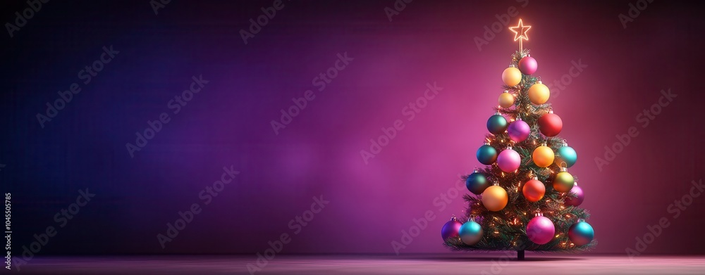 Fototapeta premium Colorful Christmas tree with ornaments, illuminated against a vibrant background. Generative ai