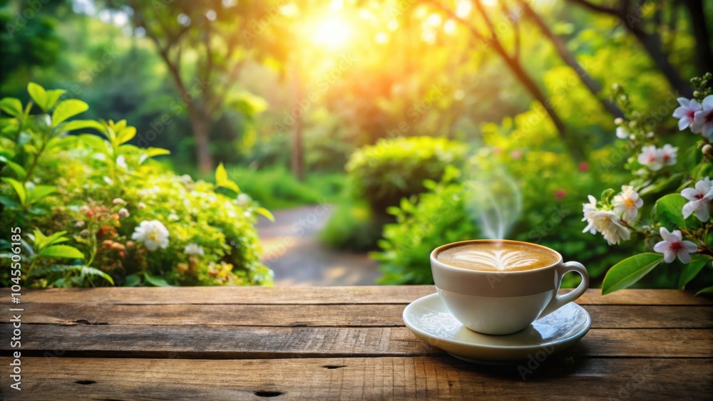 A steaming cup of coffee on a wooden table with a blurred background of lush greenery and sunlight. A steaming cup of coffee on a wooden table with a blurred background of lush greenery and sunlight.