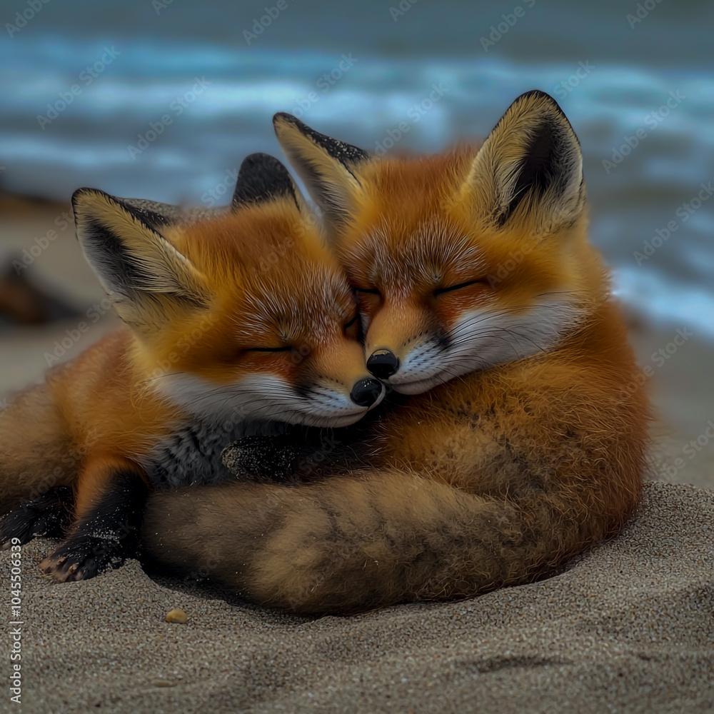 Obraz premium Playful baby red foxes snuggling on the beach, captured