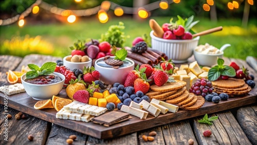 A rustic wooden board laden with a delectable assortment of fresh fruit, creamy dips, and sweet treats, perfect for a delightful summer gathering.