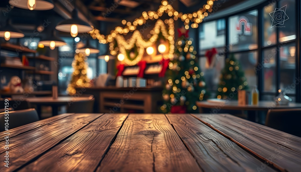 Empty wood table christmas party with a blurred background of coffee shop, christmas coffee shop, party table background, dark wood, party table background, Generated Ai Empty wood table christmas party with a blurred background of coffee shop, christmas coffee shop, party table background, dark wood, party table background, Generated Ai