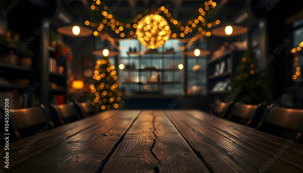 Empty wood table christmas party with a blurred background of coffee shop, christmas coffee shop, party table background, dark wood, party table background, Generated Ai Empty wood table christmas party with a blurred background of coffee shop, christmas coffee shop, party table background, dark wood, party table background, Generated Ai