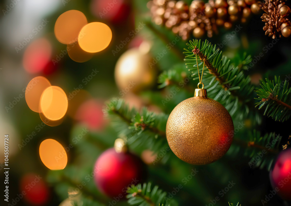 Golden and red ornaments hanging on a Christmas tree with blurred lights in the background. A festive scene, perfect for holiday decoration themes and celebrating the warmth of Christmas. Golden and red ornaments hanging on a Christmas tree with blurred lights in the background. A festive scene, perfect for holiday decoration themes and celebrating the warmth of Christmas.
