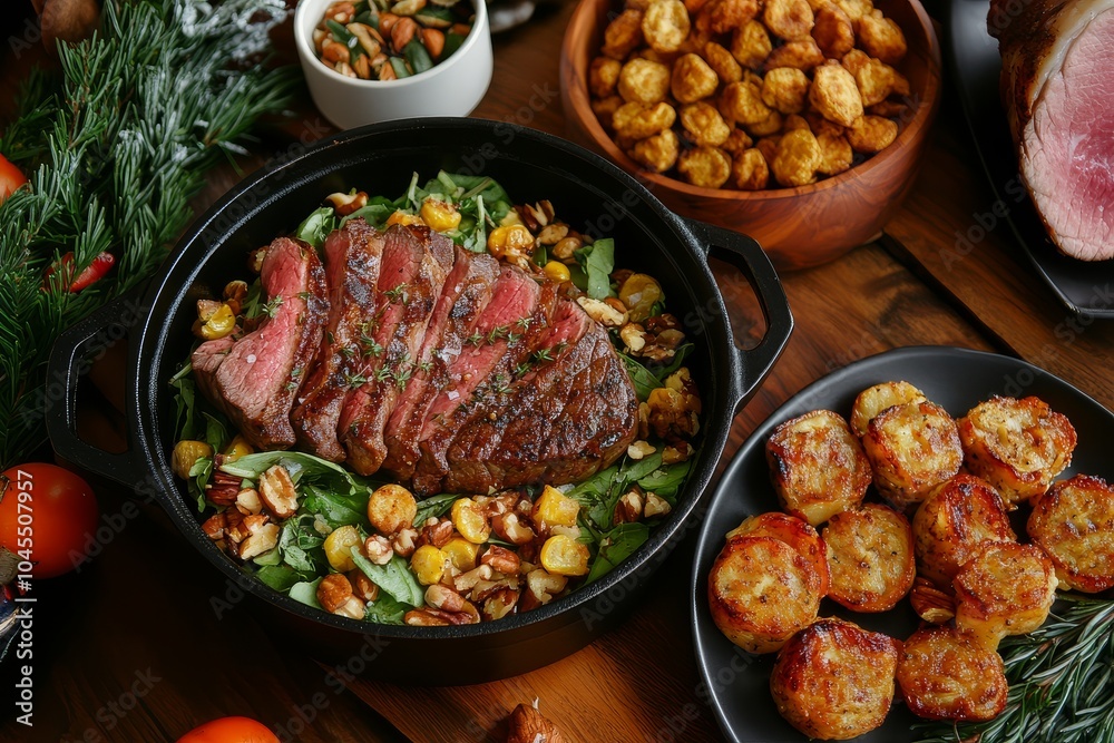 Top view of a festive Christmas dinner featuring steak, salad in a pot, fried vegetables, nuts, and ham on a wooden table, creating a delightful holiday feast. Top view of a festive Christmas dinner featuring steak, salad in a pot, fried vegetables, nuts, and ham on a wooden table, creating a delightful holiday feast.