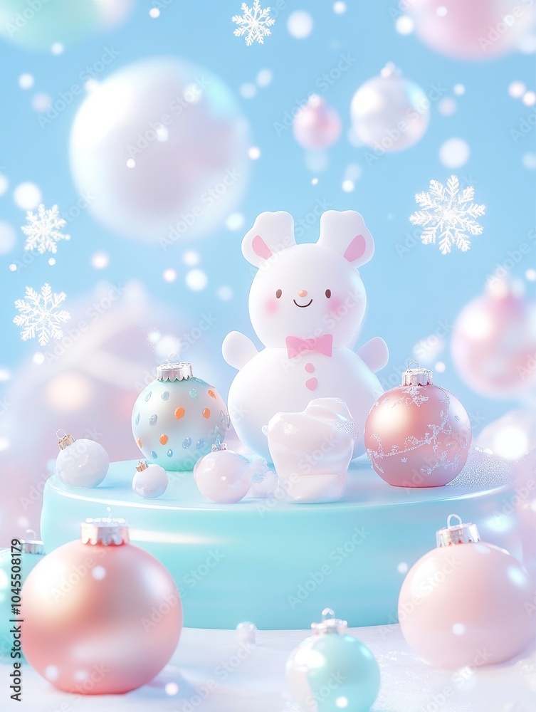 Delightful winter wonderland a playful scene of a frosty bunny amidst colorful christmas ornaments and snowflakes in a dreamy blue background Delightful winter wonderland a playful scene of a frosty bunny amidst colorful christmas ornaments and snowflakes in a dreamy blue background