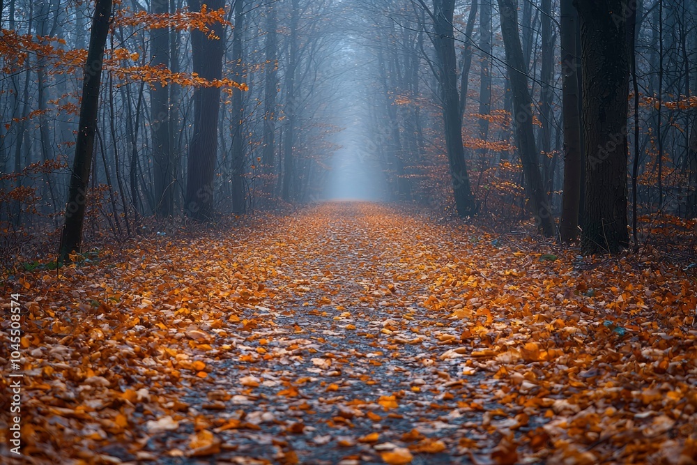 Misty Forest Path Covered in Autumn Leaves Misty Forest Path Covered in Autumn Leaves