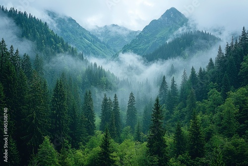 Misty Mountain Landscape with Lush Evergreen Forest