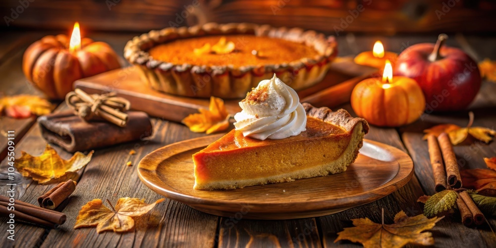 A slice of pumpkin pie topped with whipped cream sits on a wooden plate, surrounded by autumnal decorations including pumpkins, cinnamon sticks, and fall leaves. A slice of pumpkin pie topped with whipped cream sits on a wooden plate, surrounded by autumnal decorations including pumpkins, cinnamon sticks, and fall leaves.