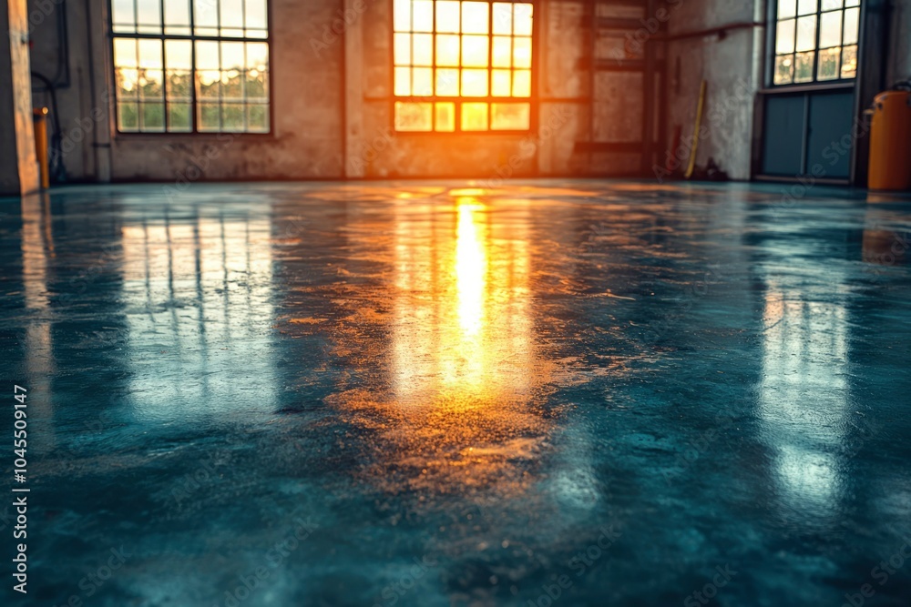 Sunlight Reflecting on a Polished Concrete Floor in a Room with Windows Sunlight Reflecting on a Polished Concrete Floor in a Room with Windows