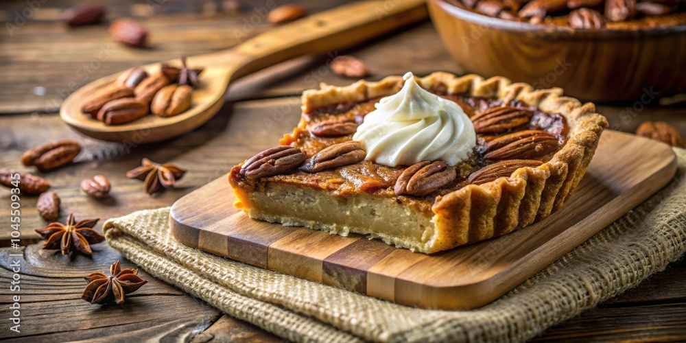 A slice of pecan pie with whipped cream, resting on a rustic wooden board, surrounded by scattered pecans and star anise on a wooden table A slice of pecan pie with whipped cream, resting on a rustic wooden board, surrounded by scattered pecans and star anise on a wooden table