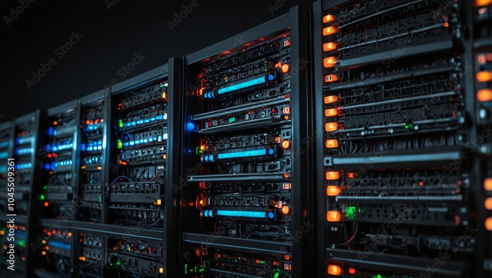 Row of network servers with glowing LED lights Row of network servers with glowing LED lights