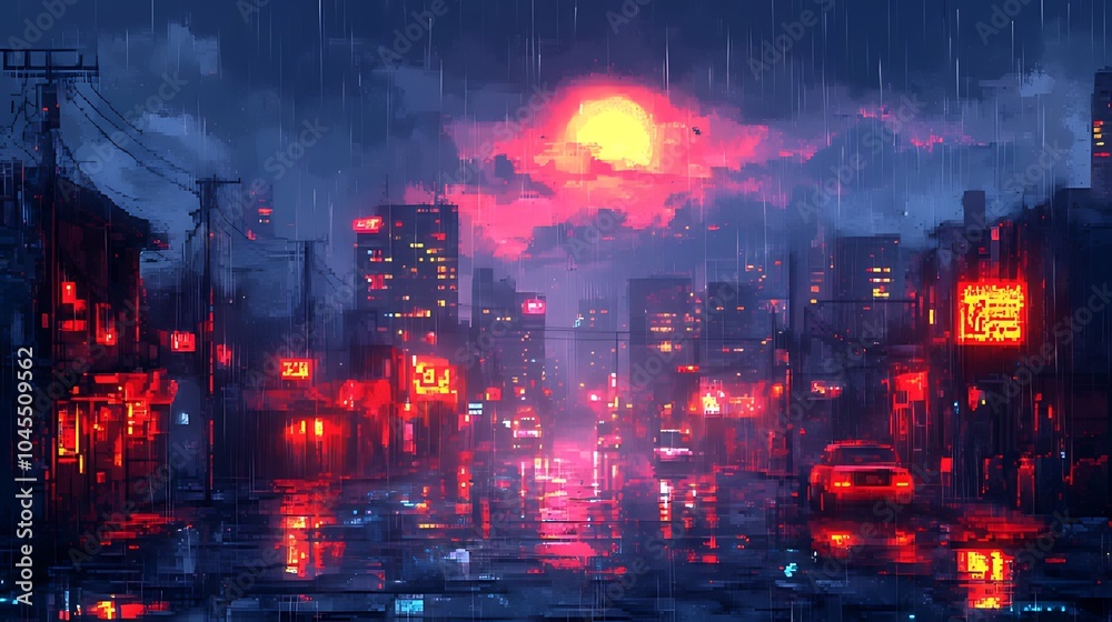 Fototapeta premium A digital painting of a rainy city street at night with neon signs and a red sun in the sky.