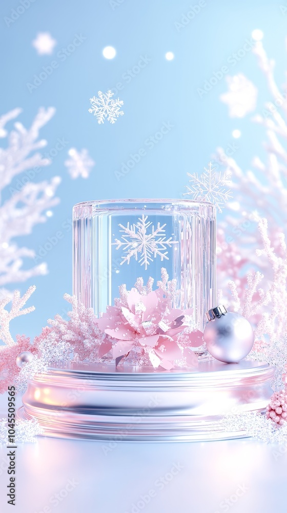 Elegant frosty wonderland a serene christmas background with snowflakes and shimmering decorations Elegant frosty wonderland a serene christmas background with snowflakes and shimmering decorations
