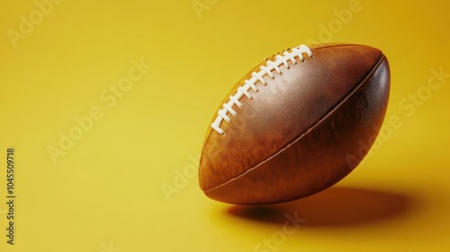 American football leather ball on yellow background. Game equipment horizontal sport theme poster, greeting cards. photo