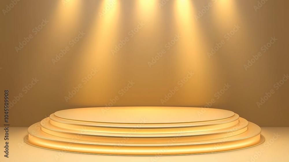 Obraz premium A golden circular platform with three steps illuminated by spotlights.