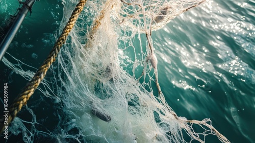 Trawl fishing nets being deployed to capture fish, part of the global seafood supply. photo