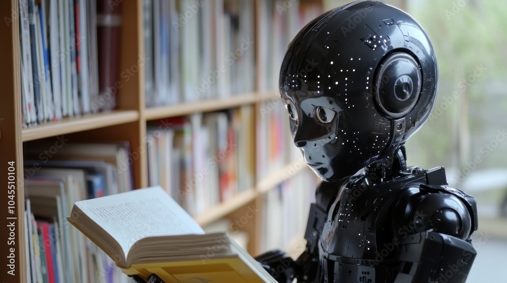 A robot is reading a book in a library A robot is reading a book in a library