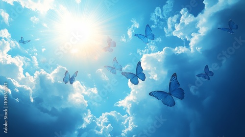 Beautiful blue butterflies on blue sky and sunburst background