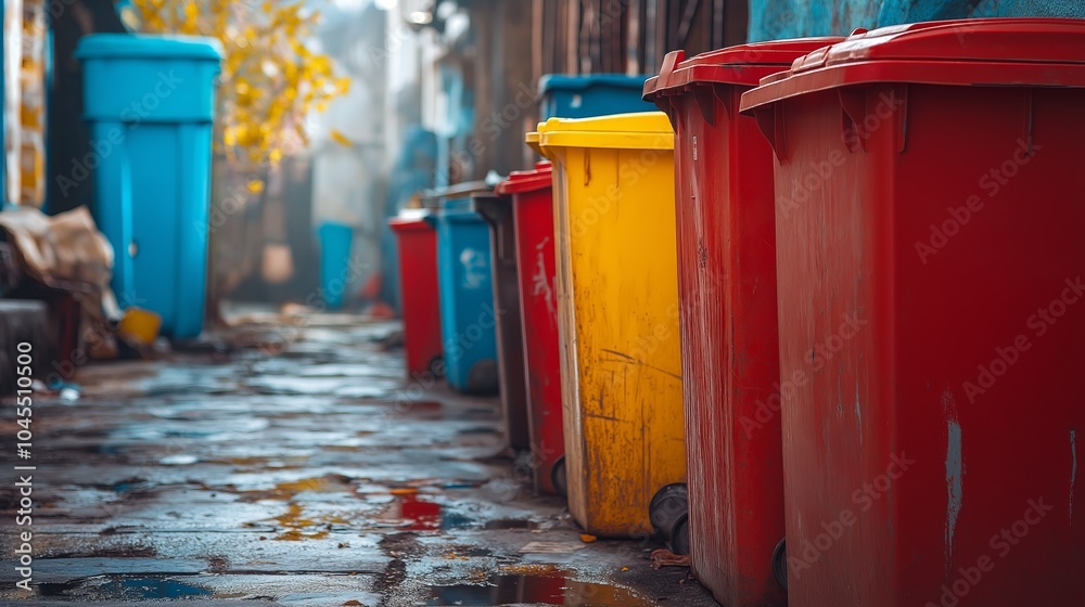 Row of colorful trash bins lining a wet alleyway. Row of colorful trash bins lining a wet alleyway.