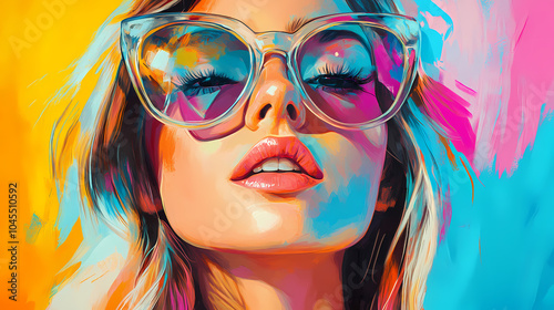 Fototapeta Naklejka Na Ścianę i Meble -  Contemporary pop art portrait of young woman in sun glasses in modern bright colors paint. abstract wallpaper artwork. Pop Art Portrait. Illustration